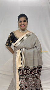 Vriksham Cream Striped Print Designer Ajrakh Modal Silk Saree-VS4448